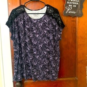 Torrid Super Soft Purple Skull and Black Lace Top